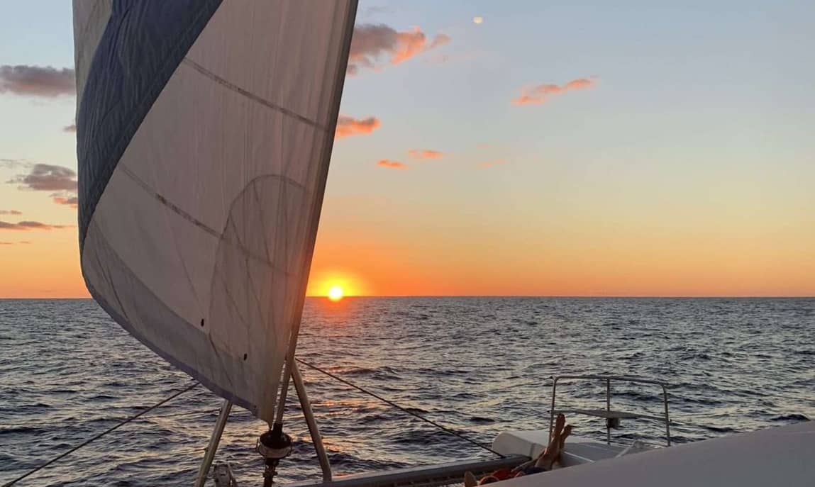 Et billede i Caribien på en strand med palmer og et billede med en familie med vært og skipper i Caribien