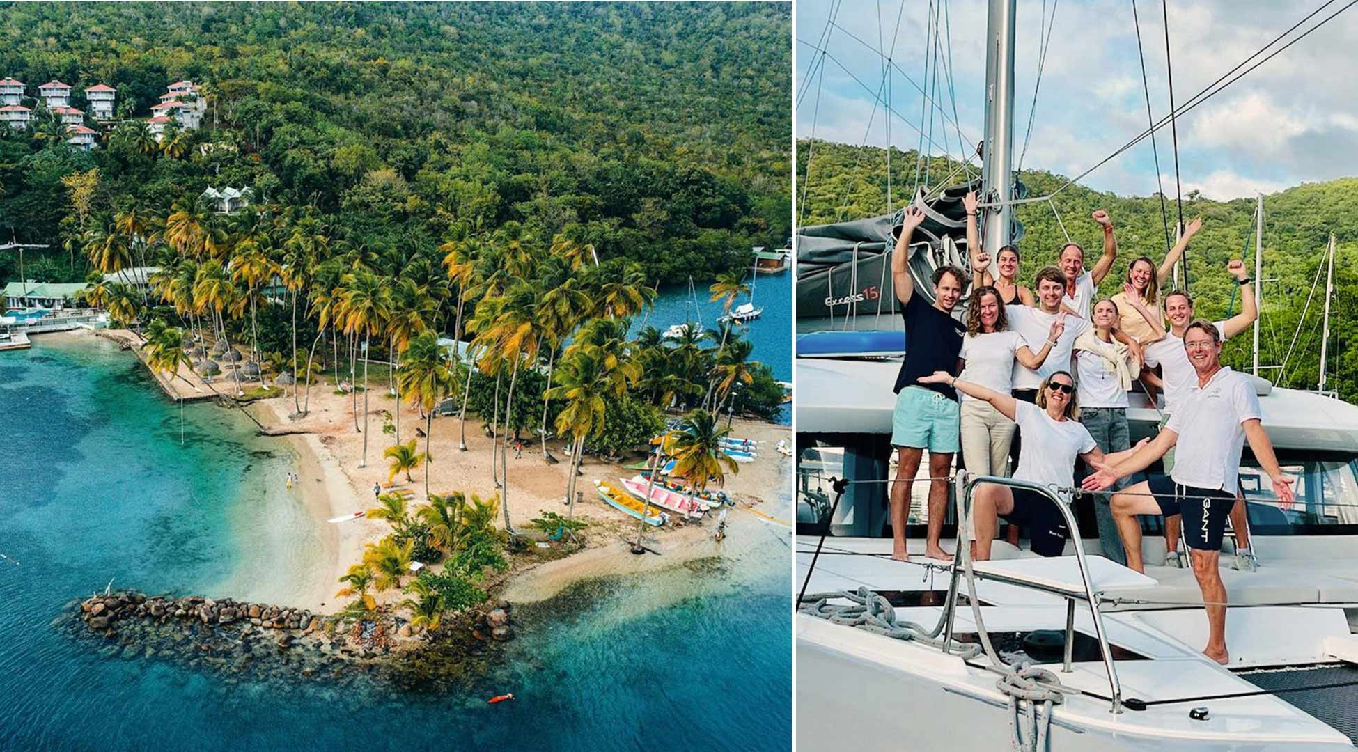 Et billede i Caribien på en strand med palmer og et billede med en familie med vært og skipper i Caribien