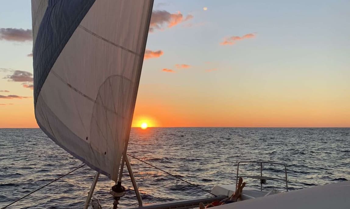 Et bilde fra Karibia på en strand med palmer og et bilde med en familie med vert og skipper i Karibia