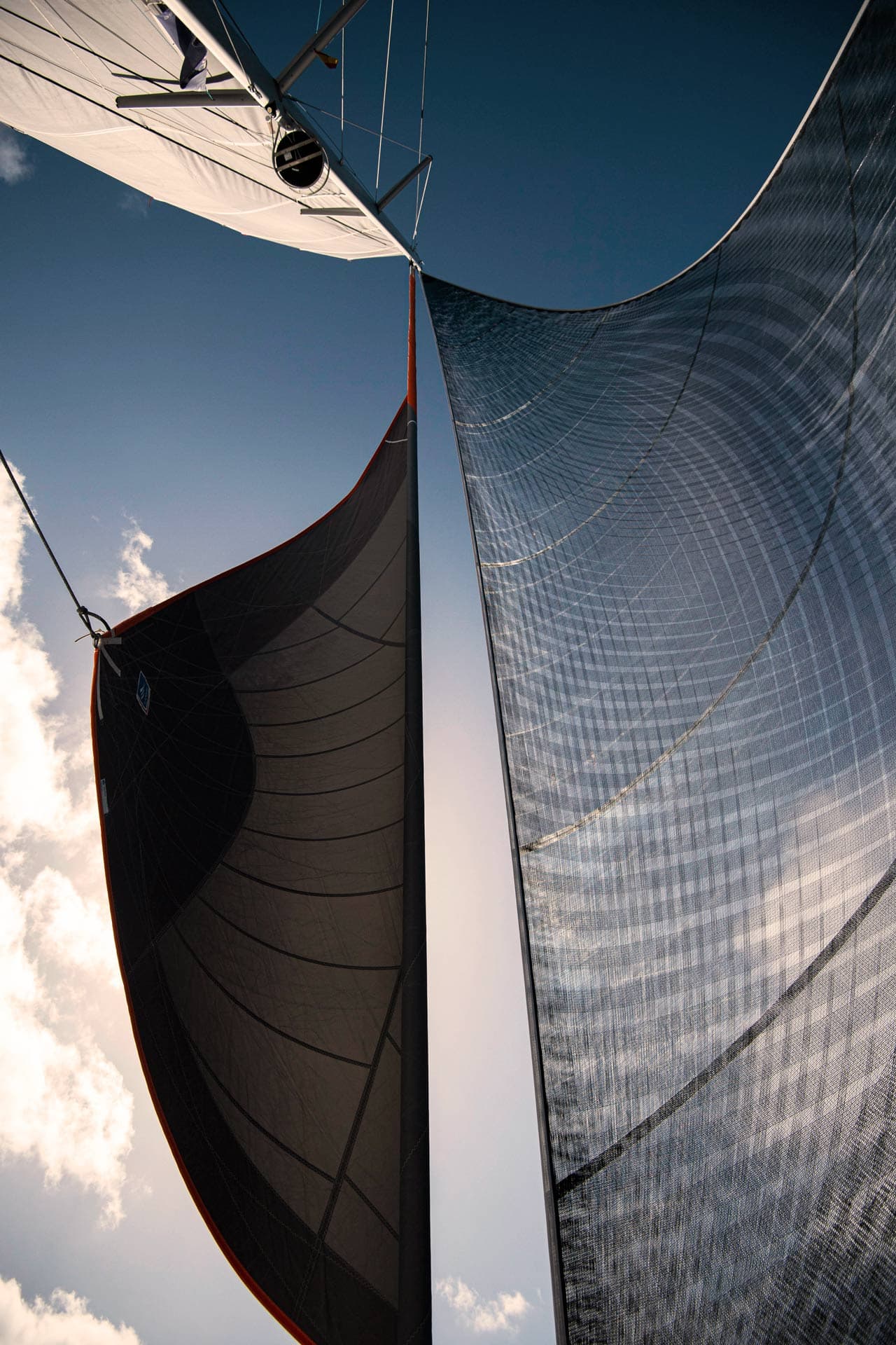 Three different sails outlined against the sky