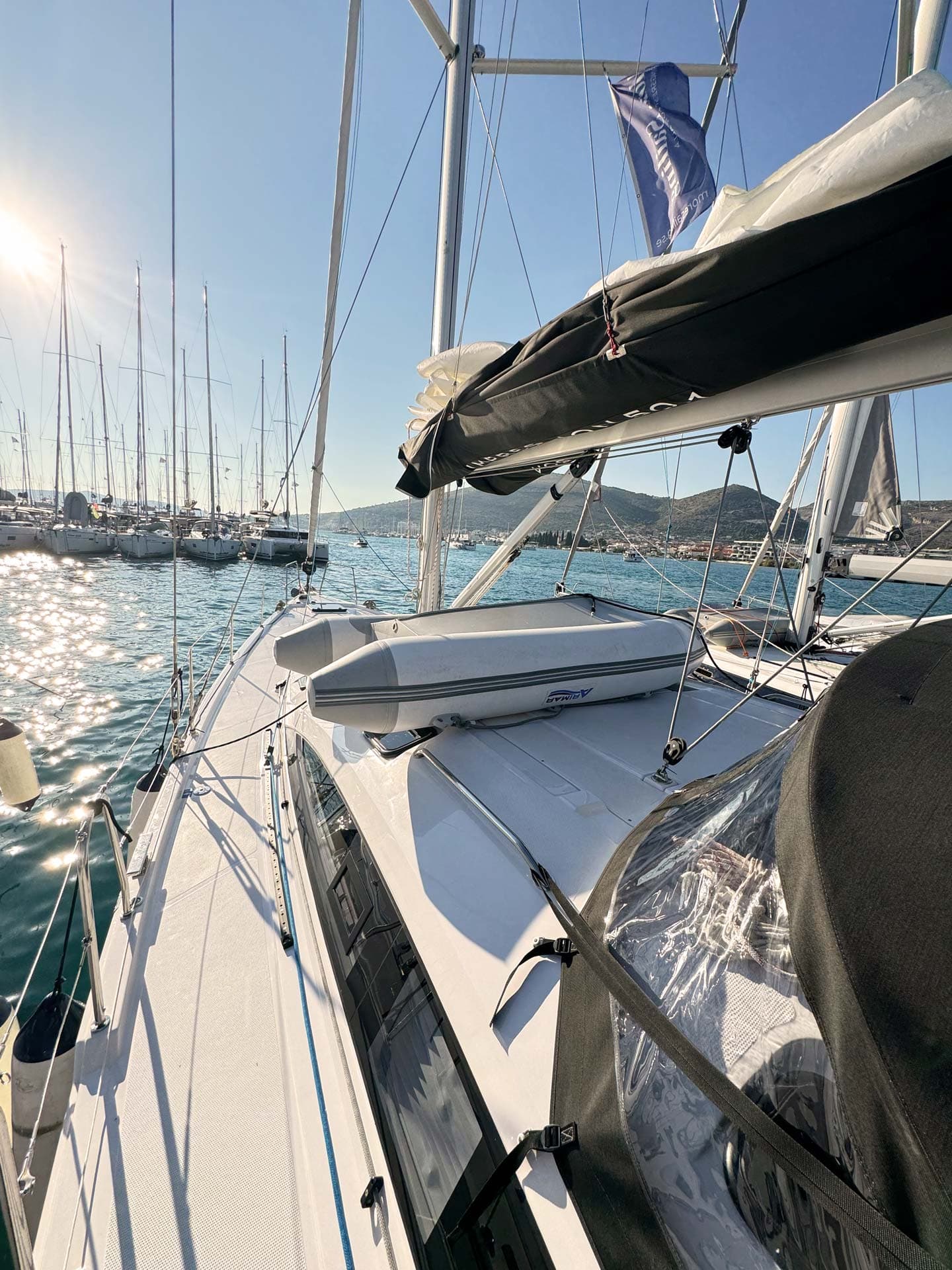 Foredeck with a dinghy on the Elan Impression 50.1.
