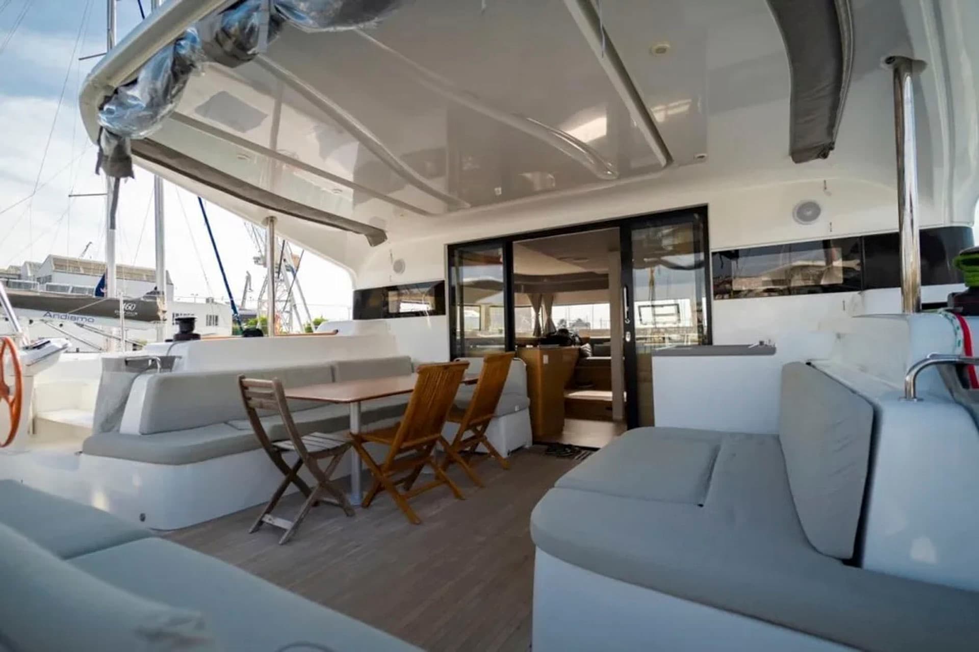 Saloon and cockpit on board the Excess 15 catamaran.