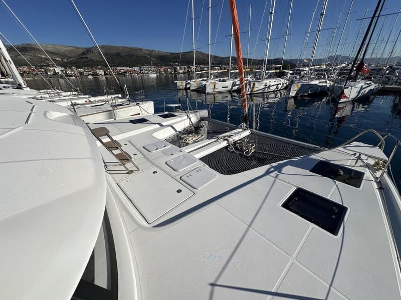 Foredeck with two trampolines and plenty of space on the Excess 15 catamaran.