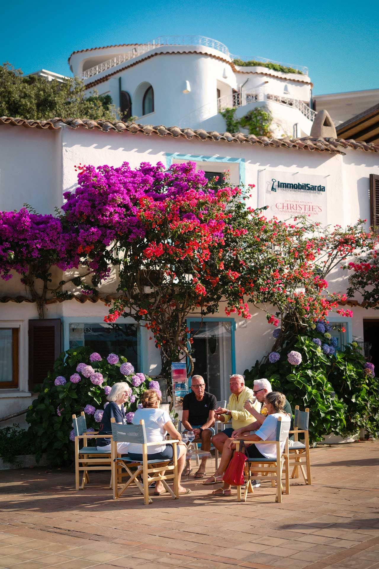 Six seniors sitting on chairs in front of huge blooms and brightly coloured bushes.