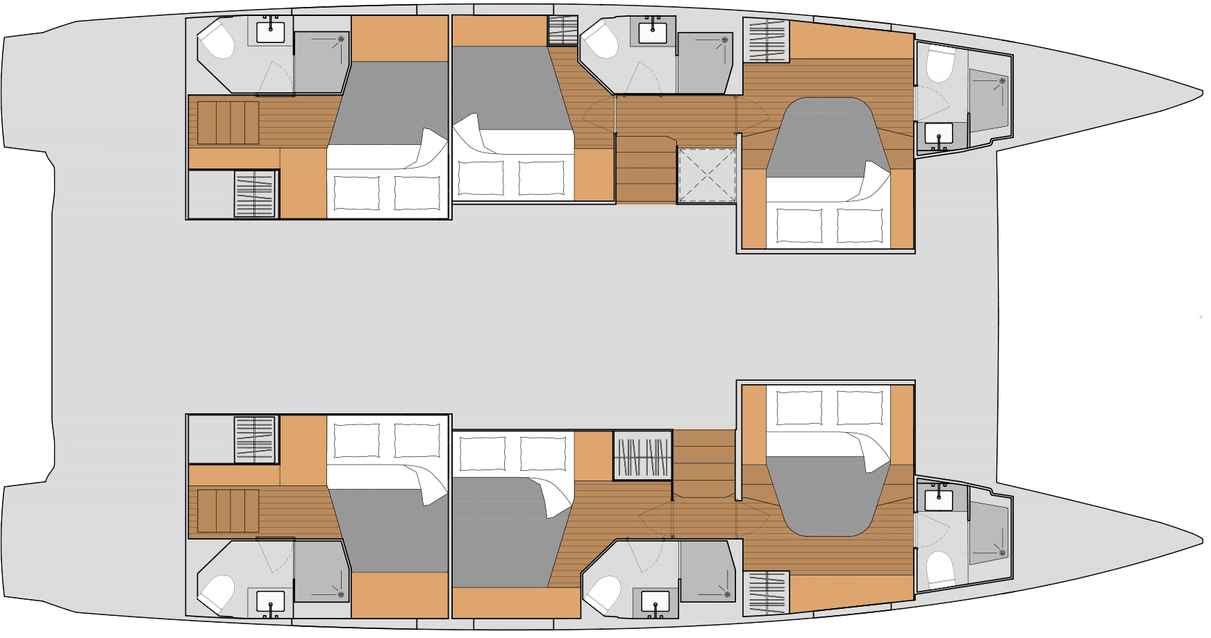 Luonnos Fountaine Pajot Aura 51 -katamaraanin pohjapiirustuksesta.