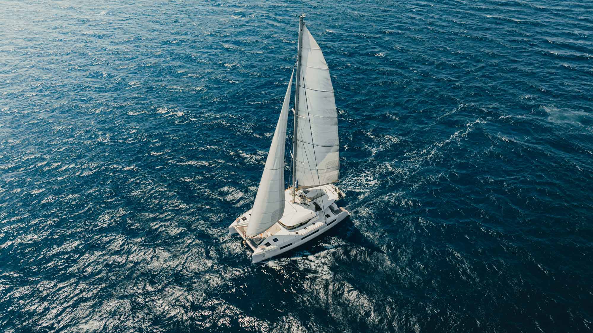 Ein Katamaran unter vollen Segeln auf dem Meer