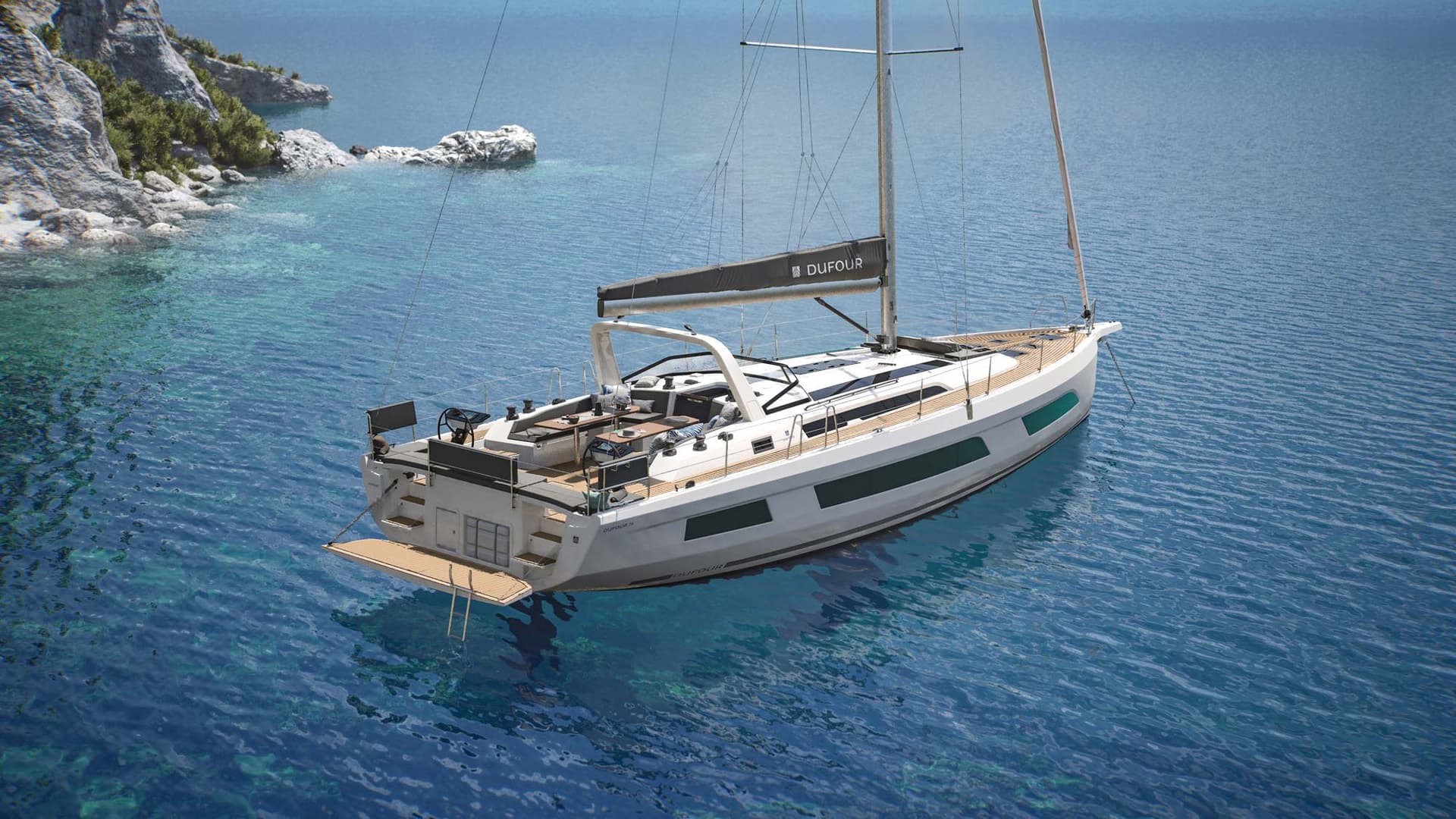 Enskrovsbåten Dufour 54 ligger ankrad i en vik.