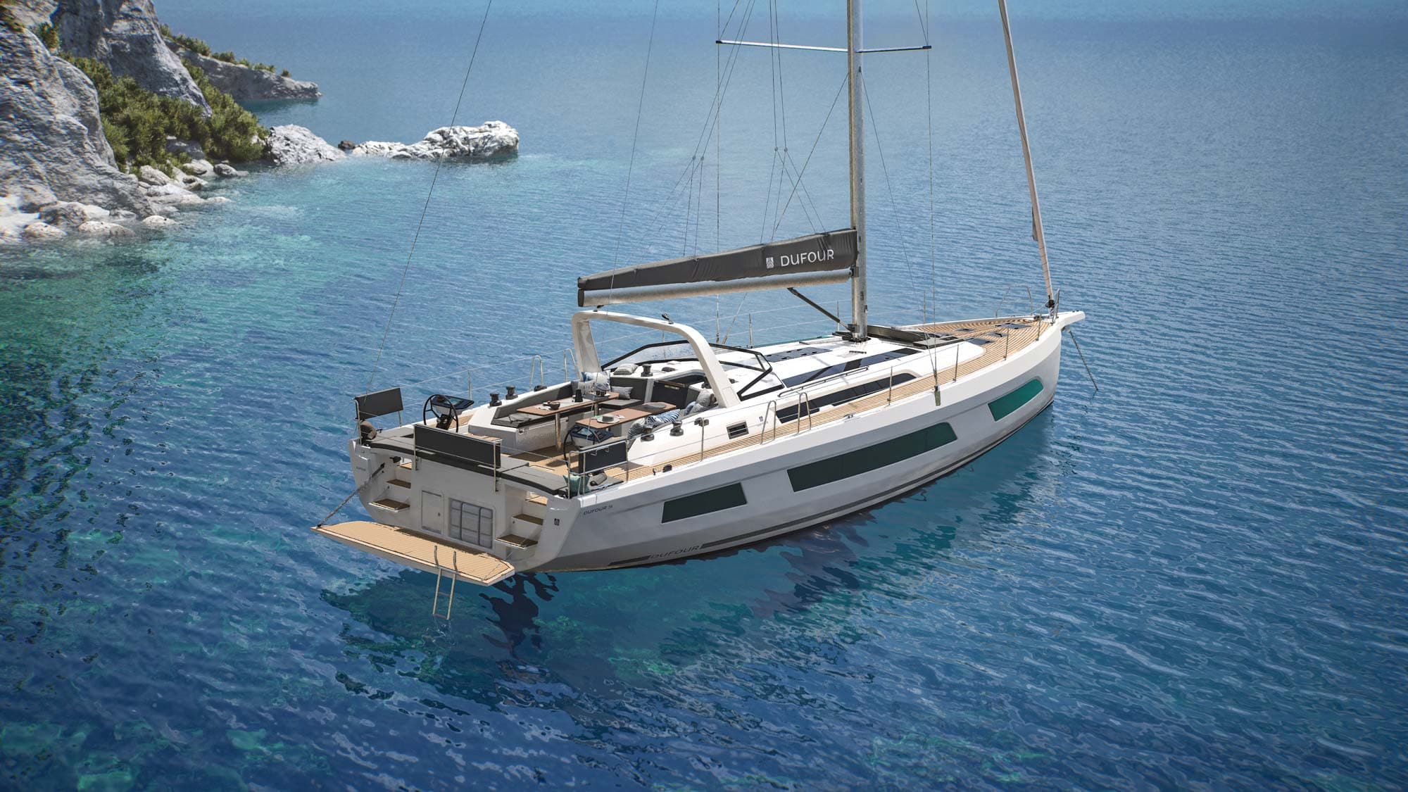 Rendering av enskrovsbåten Dufour 54 sett från aktern i havet.