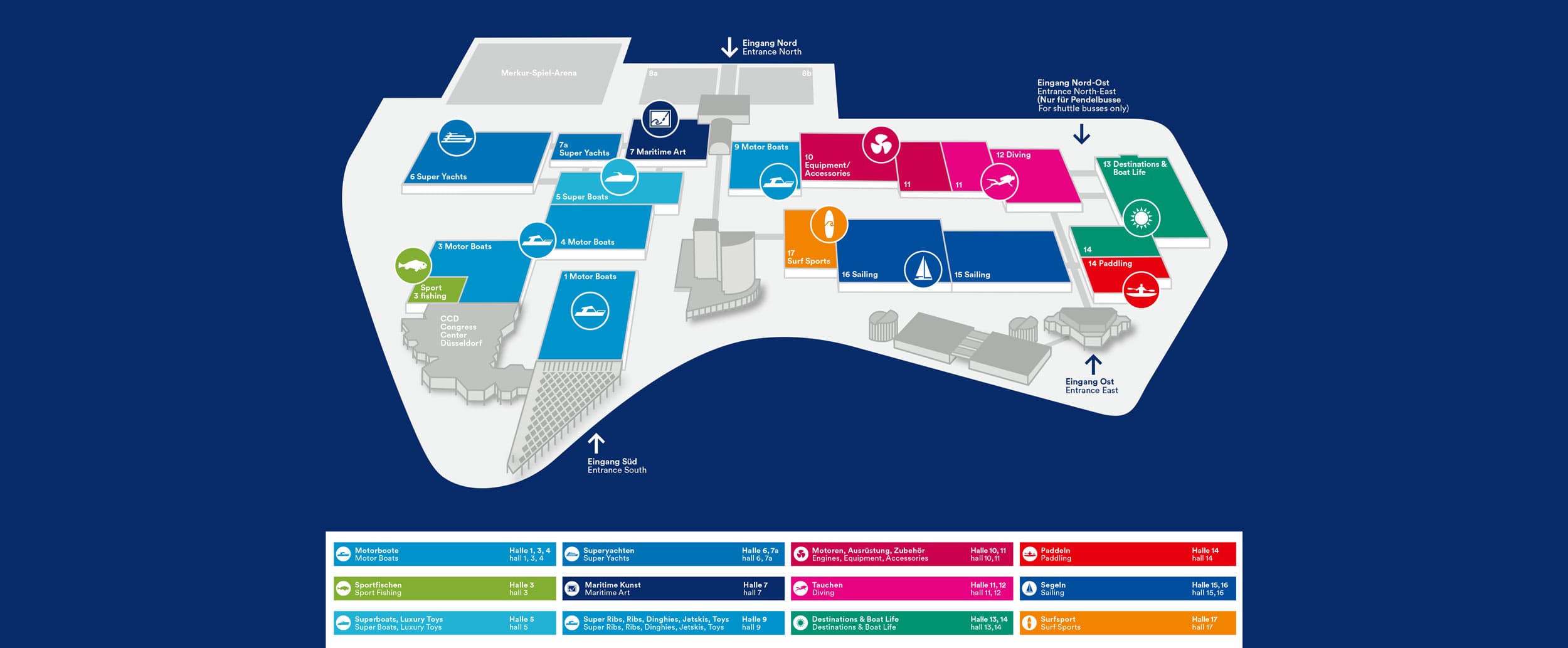 Karta över mässhallarna på Boot Düsseldorf.